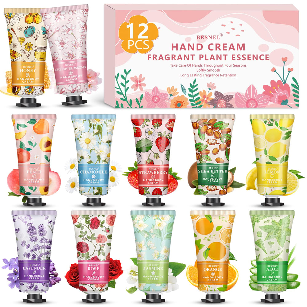 Besnel 12-pack hand cream set with assorted fragrances for daily mood uplift.
