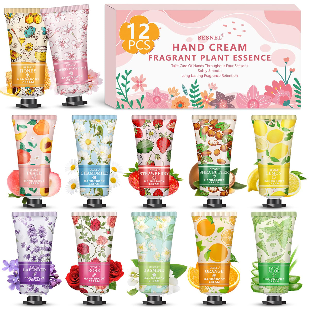 Besnel 12-pack hand cream set with assorted fragrances for daily mood uplift.