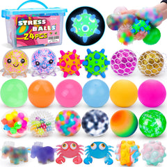 BESNEL 24-pack stress balls in mixed colors for stress relief and focus.