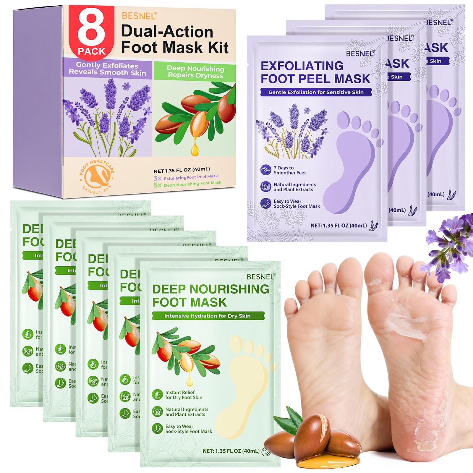 Besnel foot peeling mask exfoliating 3-pack gently removes dead skin for smoother feet