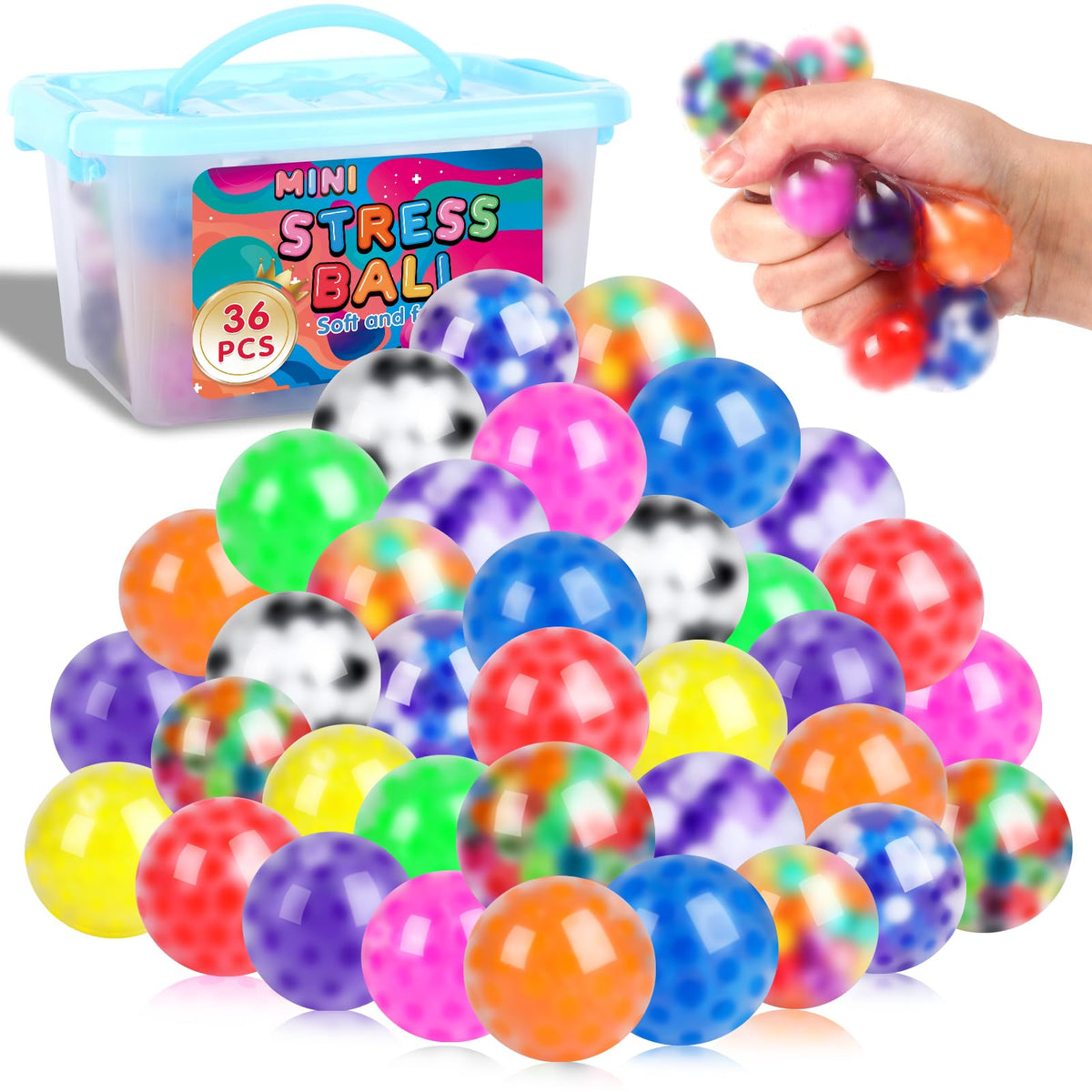 Besnel squishy ball 36-pack close-up shows vibrant colors for stress relief and tactile focus.
