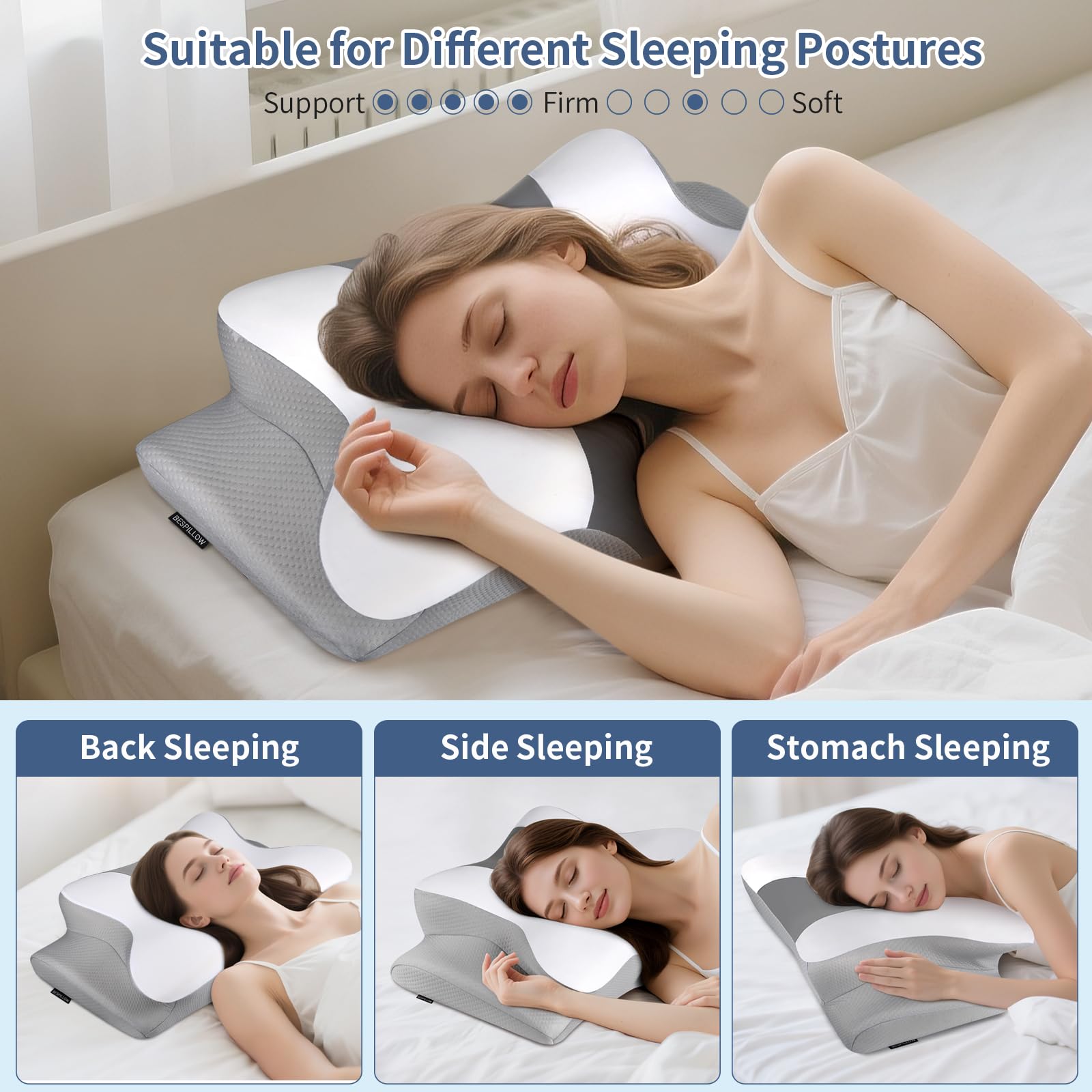Bespillow ergonomic neck support helps maintain natural spinal curve.