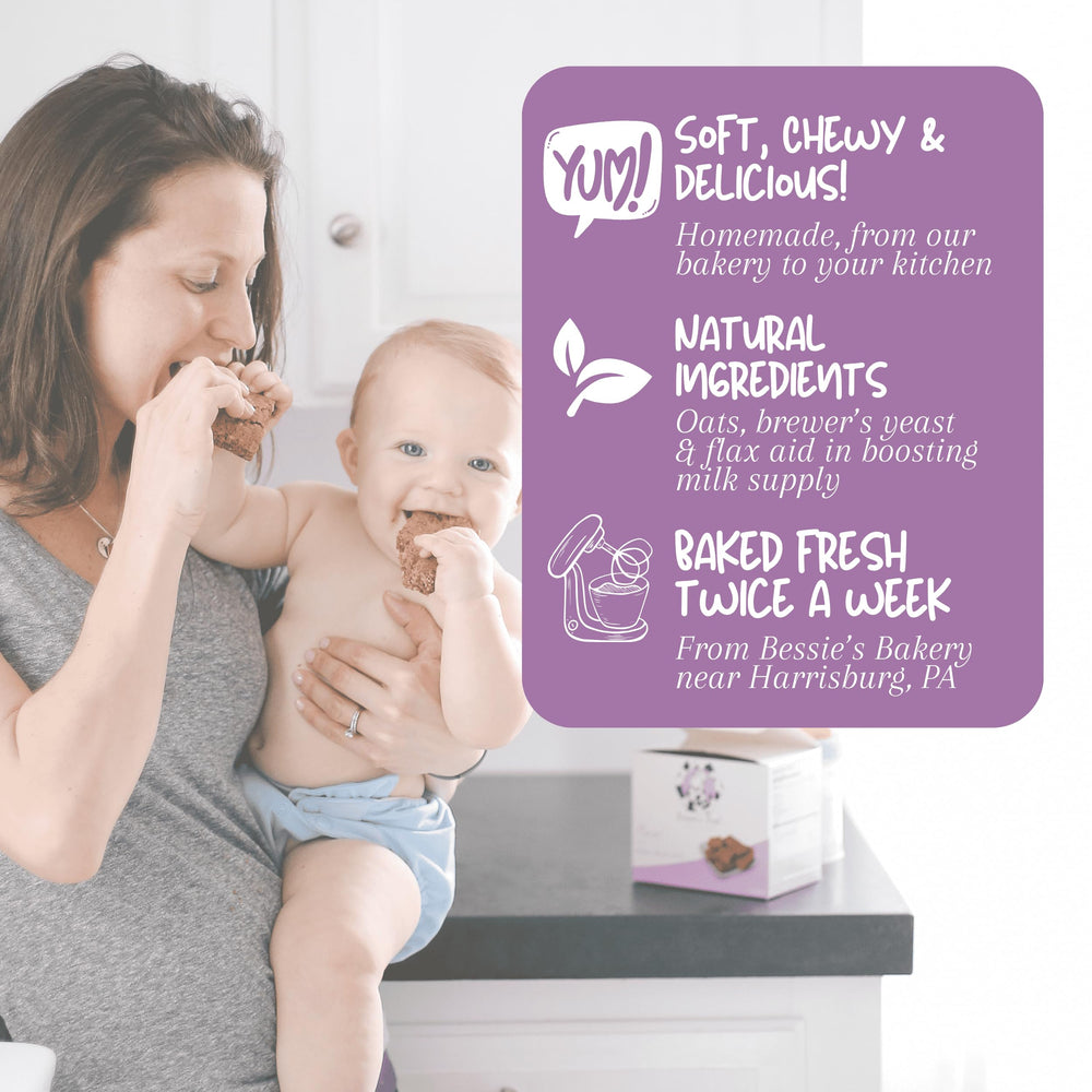 Bessie's Best Lactation Cookies peanut butter chocolate chip flavor visible for a tasty, protein-rich snack.