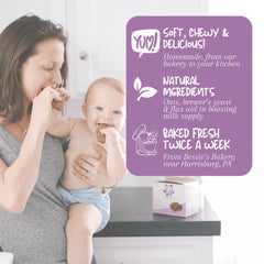 Bessie's Best Lactation Cookies peanut butter chocolate chip flavor visible for a tasty, protein-rich snack.