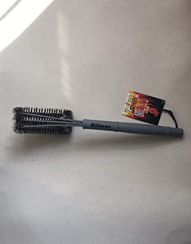BEST grill brush ergonomic long handle provides safe distance and leverage.