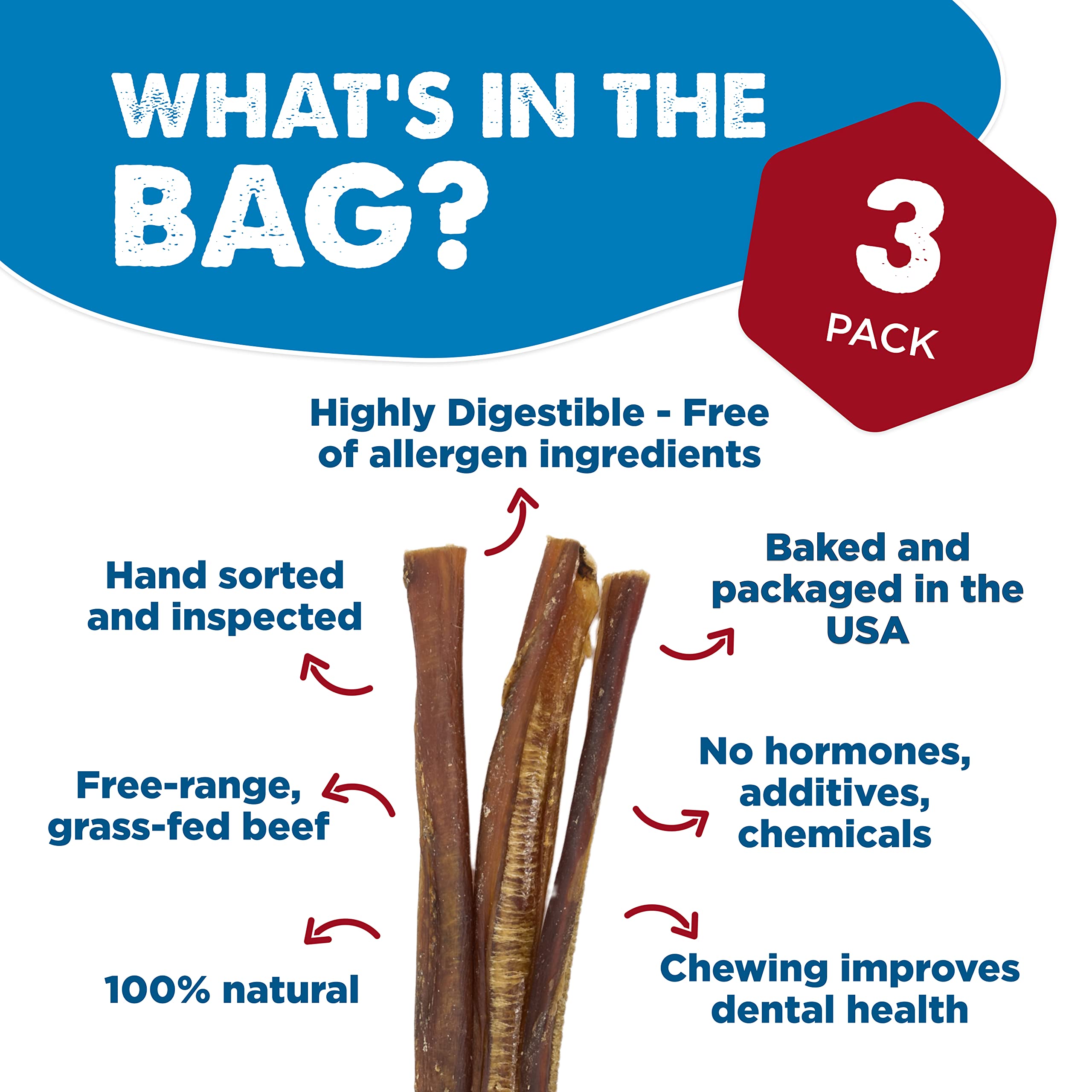 Best Bully Sticks 3-count pack provides convenient, long-lasting chews.