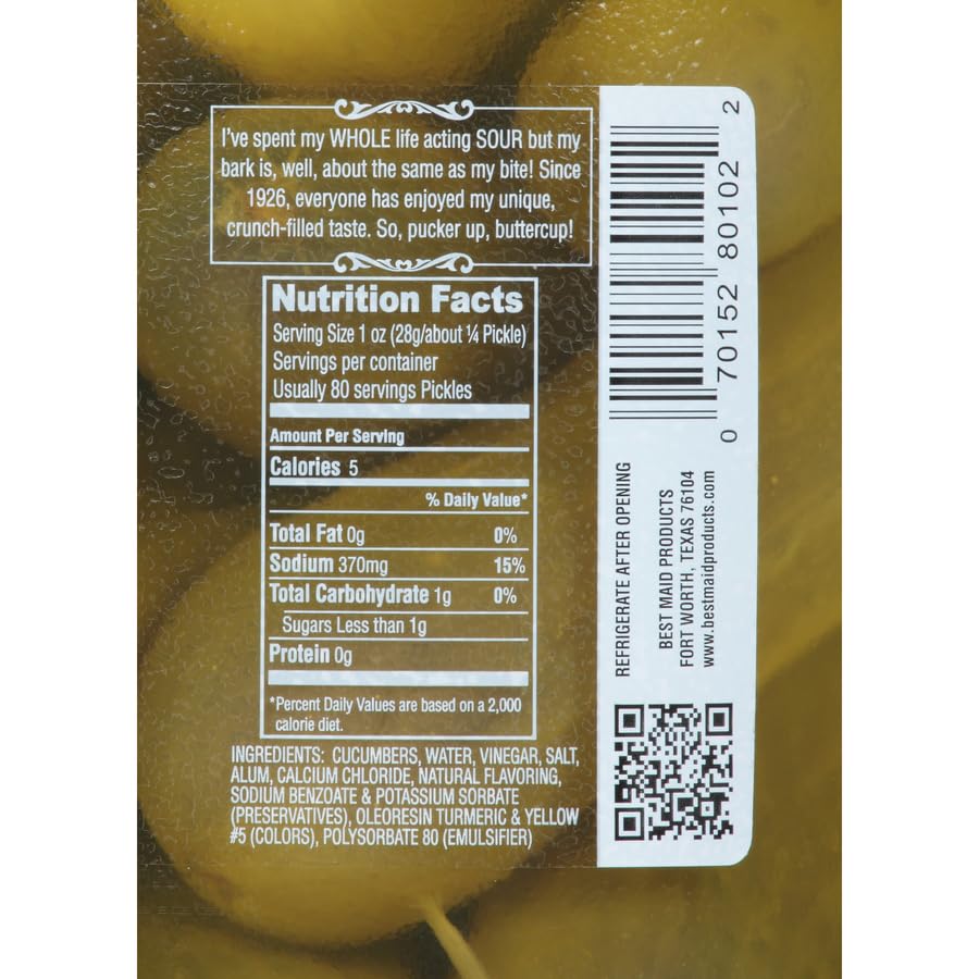 Best Maid Sour Pickles 1gal jar label close-up, ideal for sharing