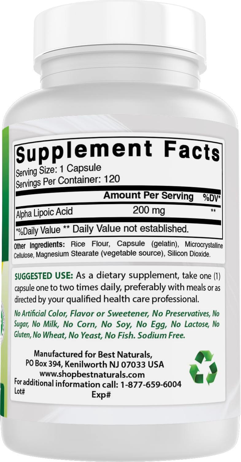 Best Naturals Alpha Lipoic Acid non-GMO and gluten-free formula.