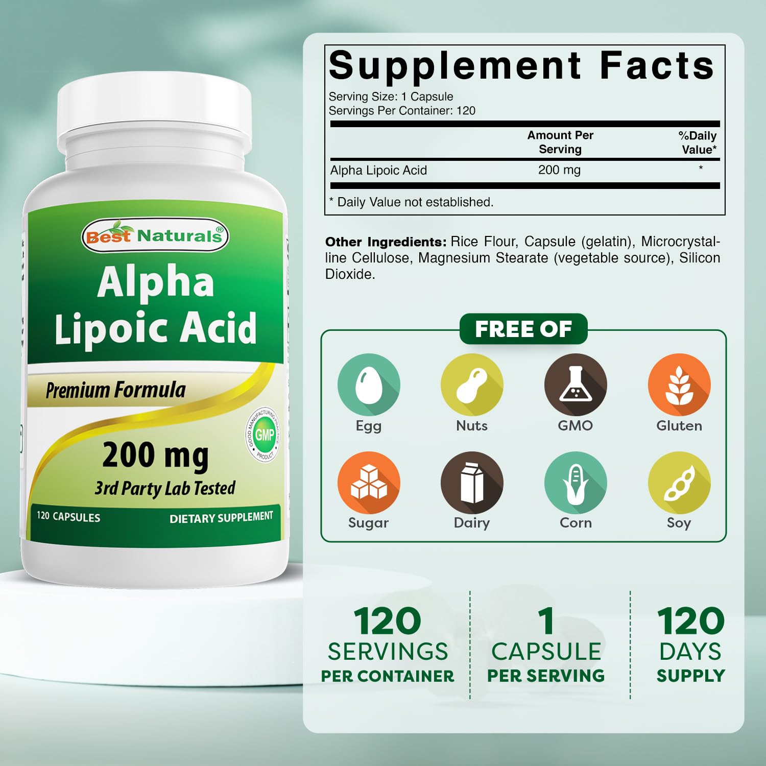 Best Naturals Alpha Lipoic Acid pills closeup showing uniform capsules for easy dosing.