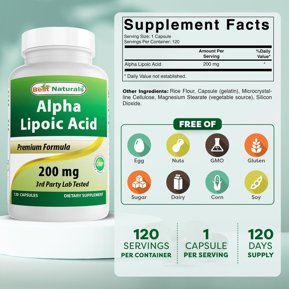 Best Naturals Alpha Lipoic Acid pills closeup showing uniform capsules for easy dosing.