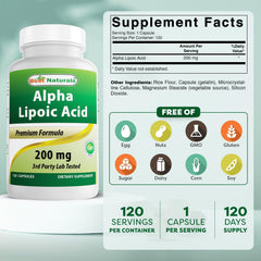 Best Naturals Alpha Lipoic Acid pills closeup showing uniform capsules for easy dosing.