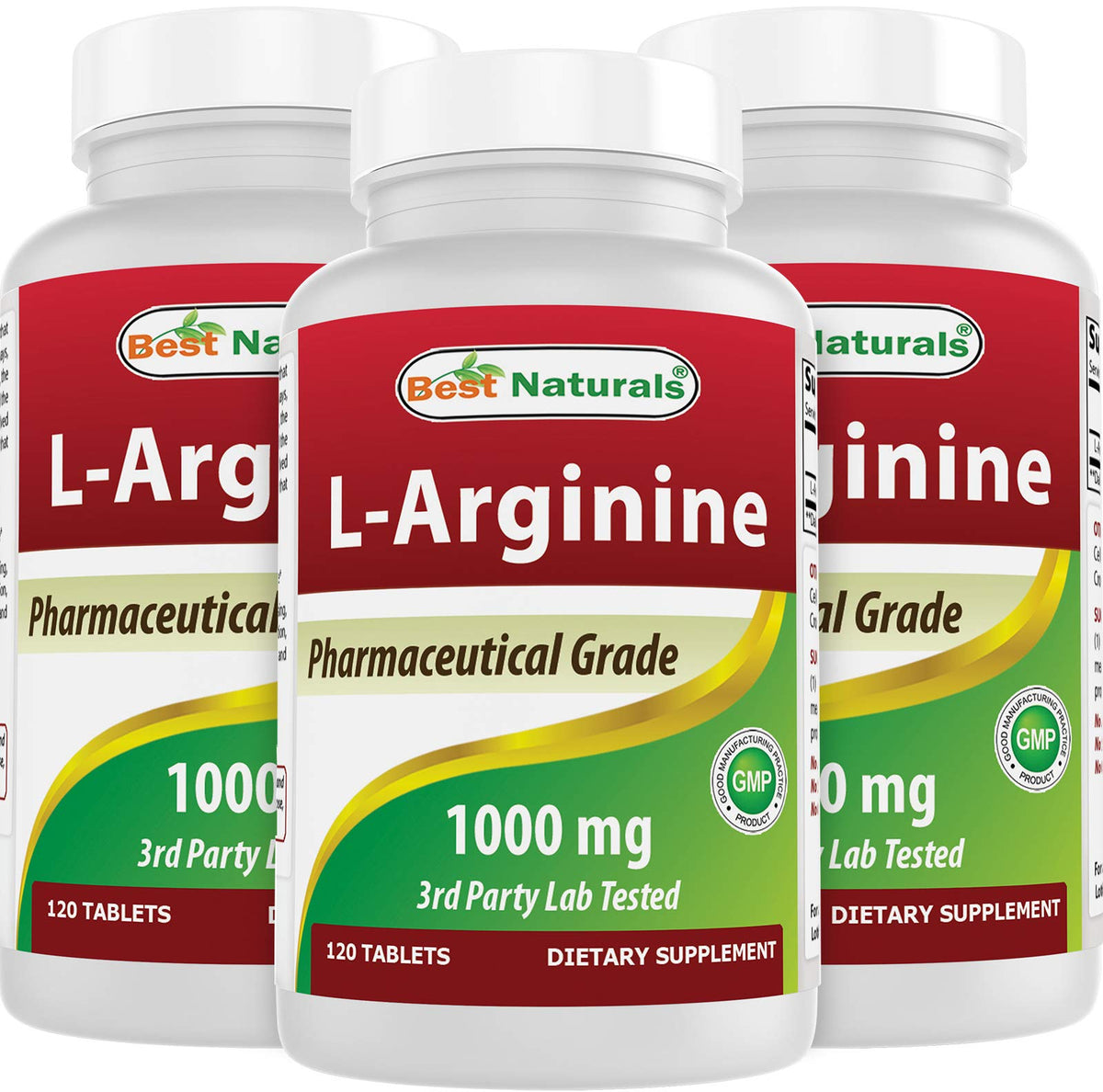 Best Naturals L-Arginine bottle label close-up showing 1000 mg dosage for daily use.