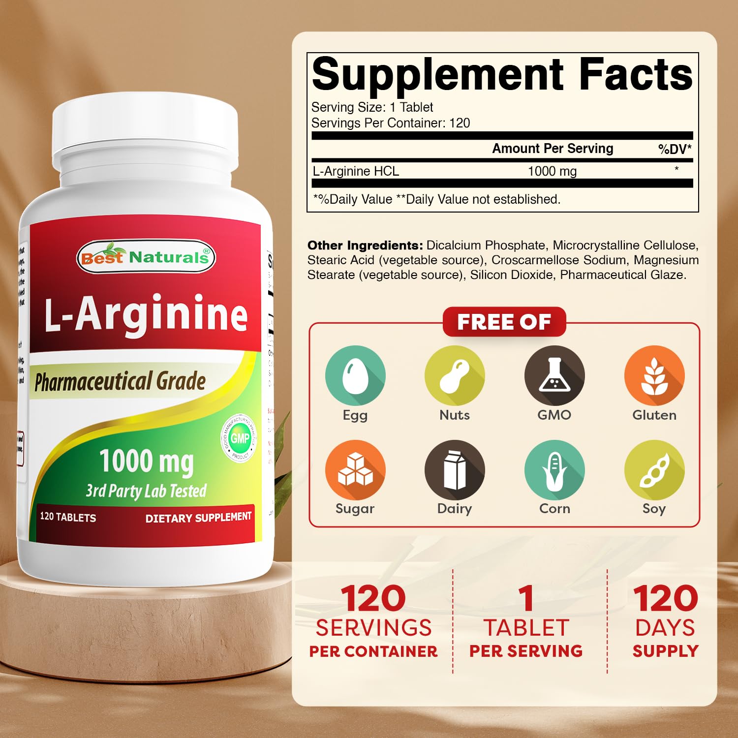 Best Naturals L-Arginine tablets close-up emphasizes quality and purity.