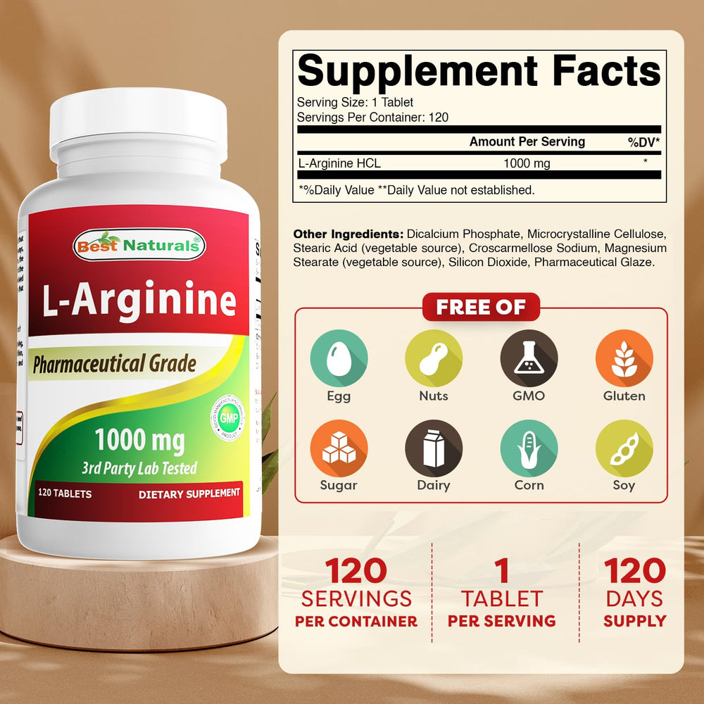 Best Naturals L-Arginine tablets close-up emphasizes quality and purity.