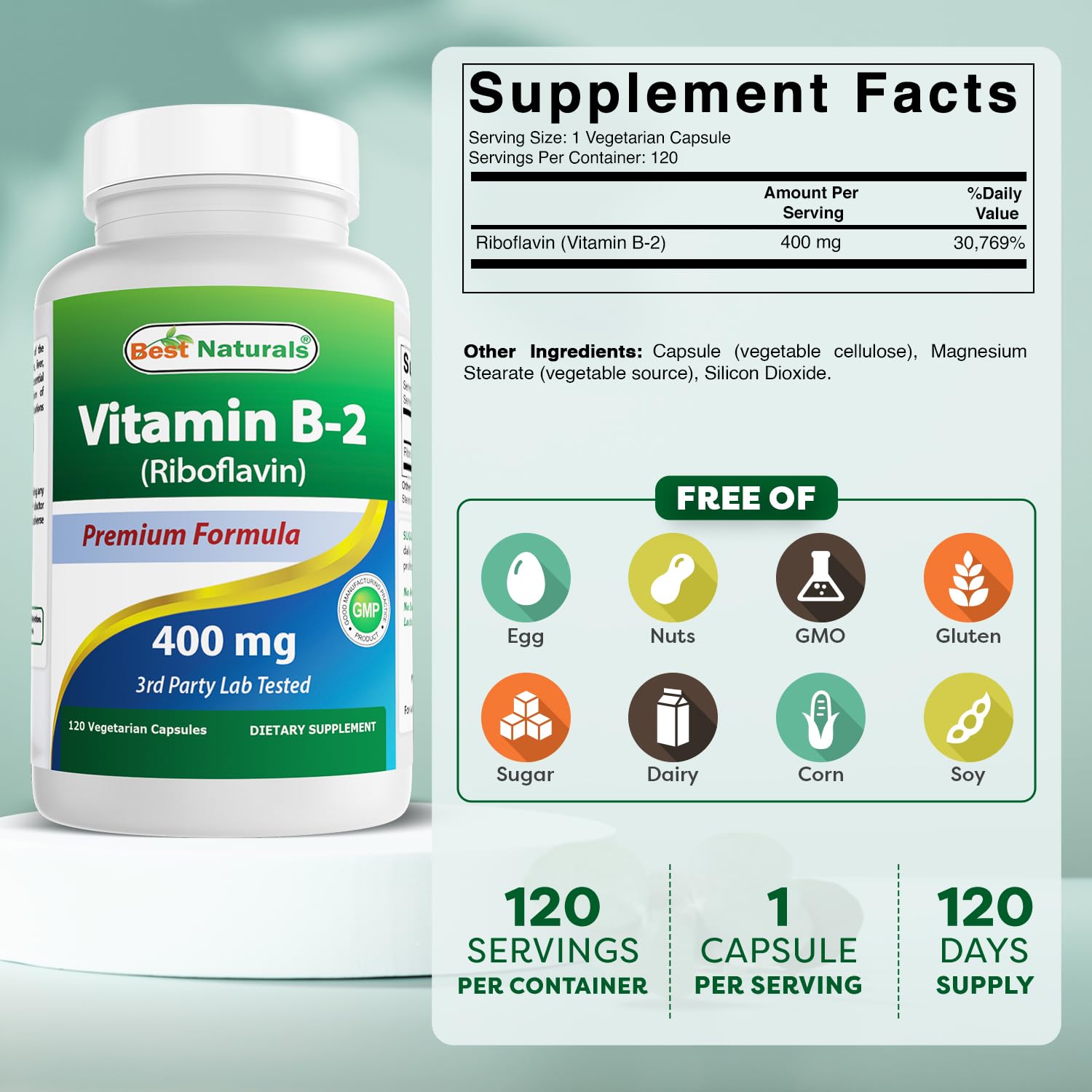 Close-up of Best Naturals B2 riboflavin capsules in a bottle.