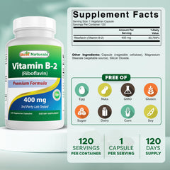 Close-up of Best Naturals B2 riboflavin capsules in a bottle.
