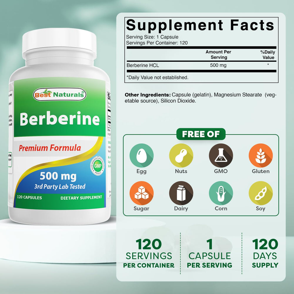 Best Naturals Berberine 500mg label shows serving size and ingredients.