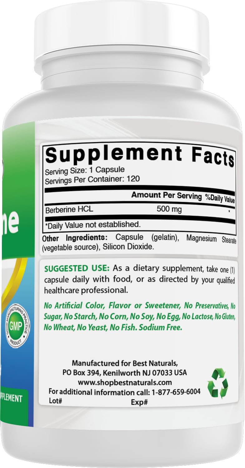 Best Naturals Berberine 500mg packaging sleeve highlighting product benefits.