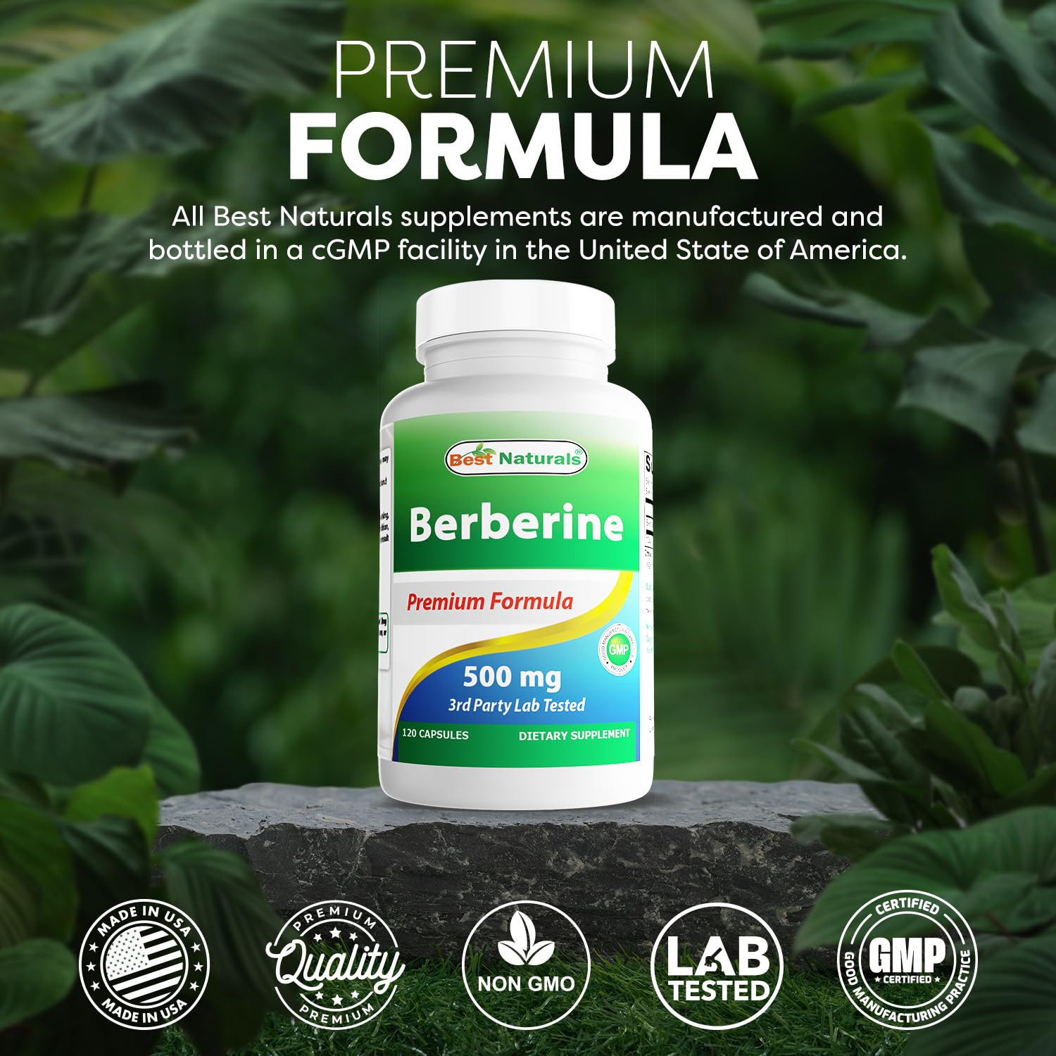 Best Naturals Berberine 500mg third-party testing seal indicating purity.