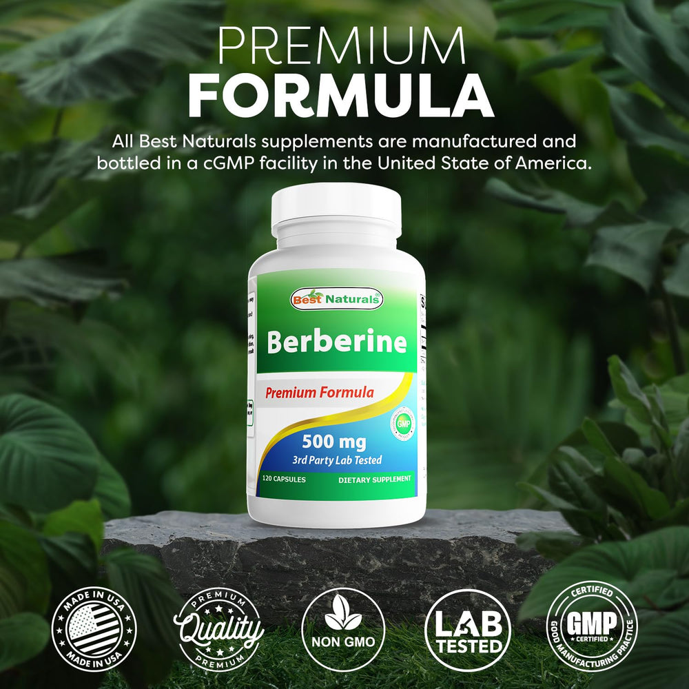 Best Naturals Berberine 500mg third-party testing seal indicating purity.