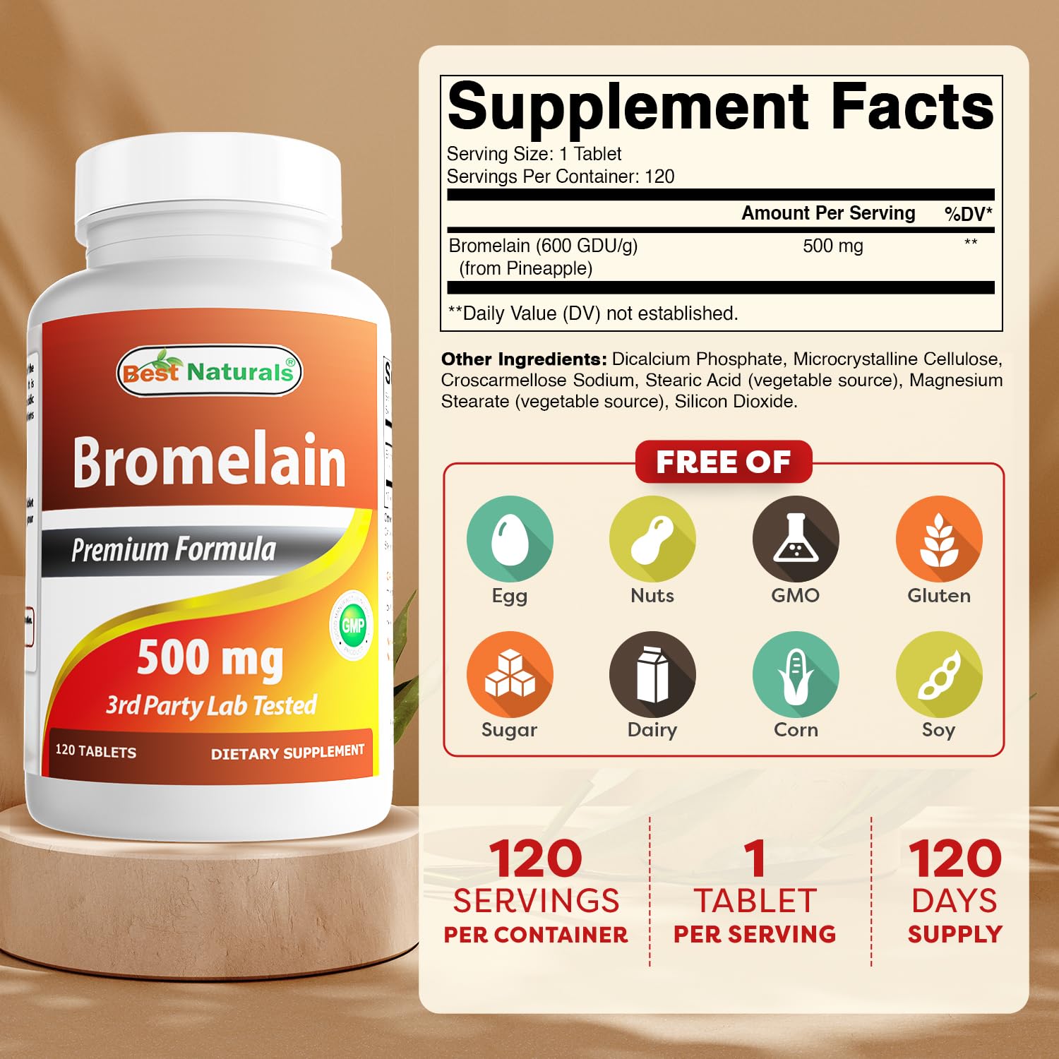 Best Naturals Bromelain tablets closeup showing 500 mg per tablet