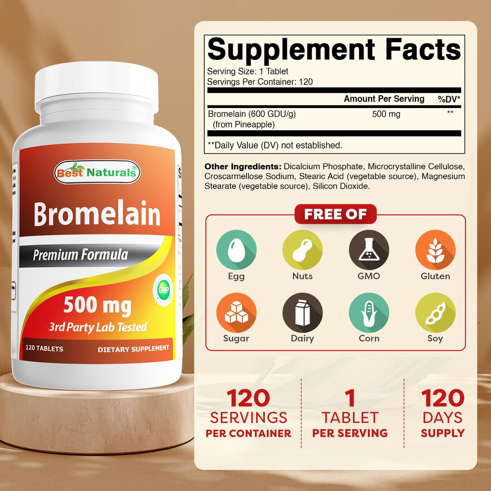 Best Naturals Bromelain tablets closeup showing 500 mg per tablet