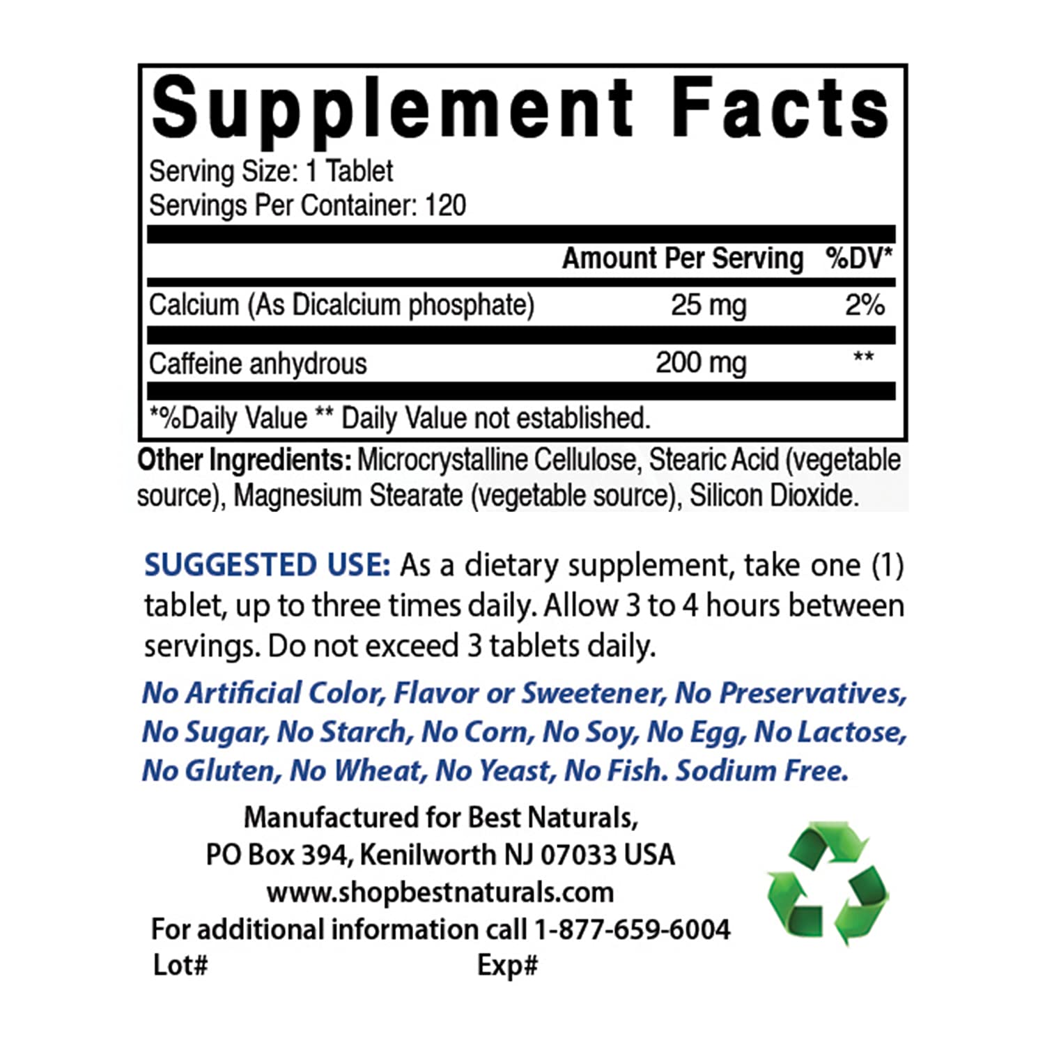 Best Naturals caffeine pills bottle back view shows 200 mg per tablet.