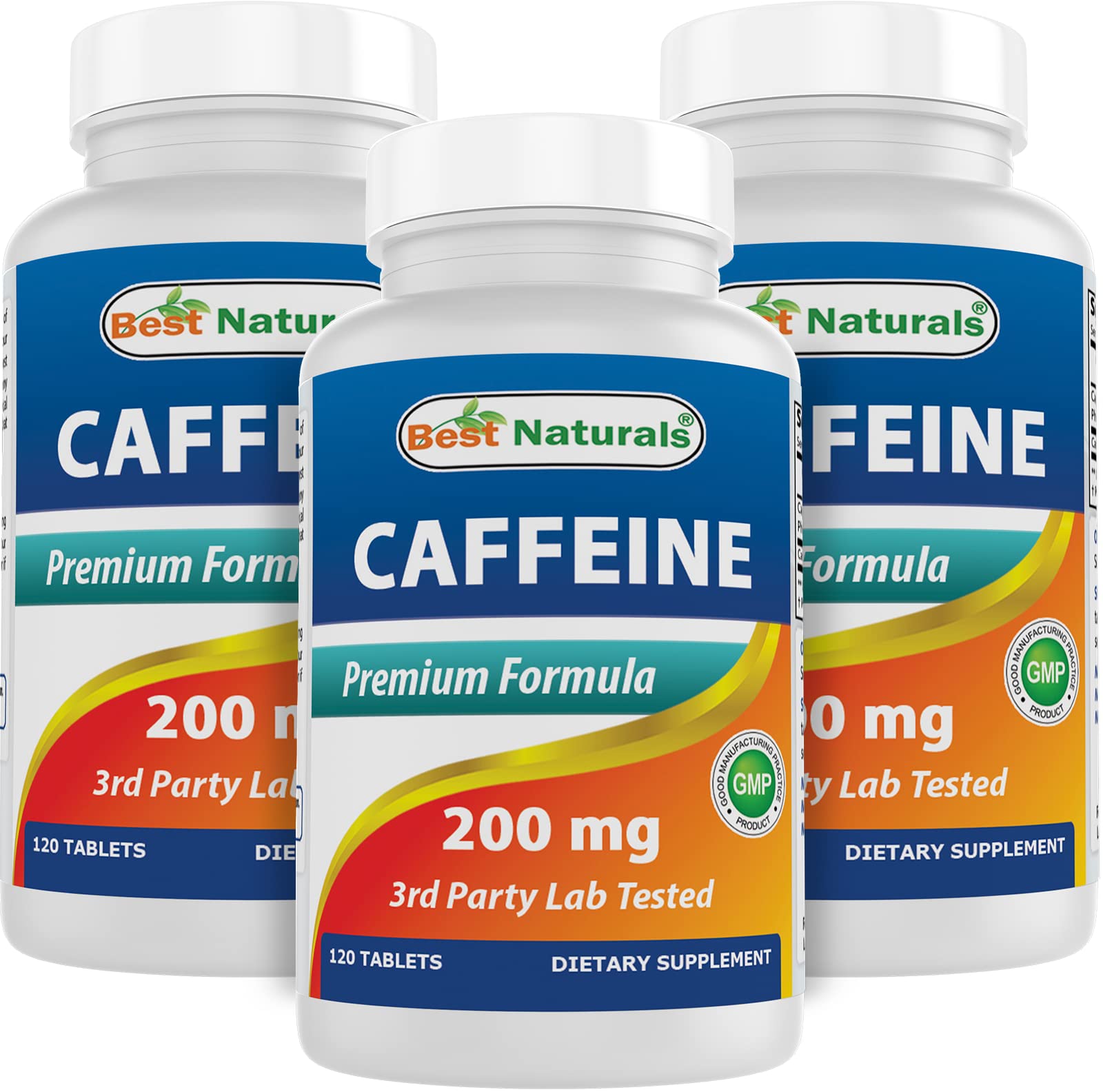 Best Naturals caffeine pills three-pack bottle front view for sustained clean energy.