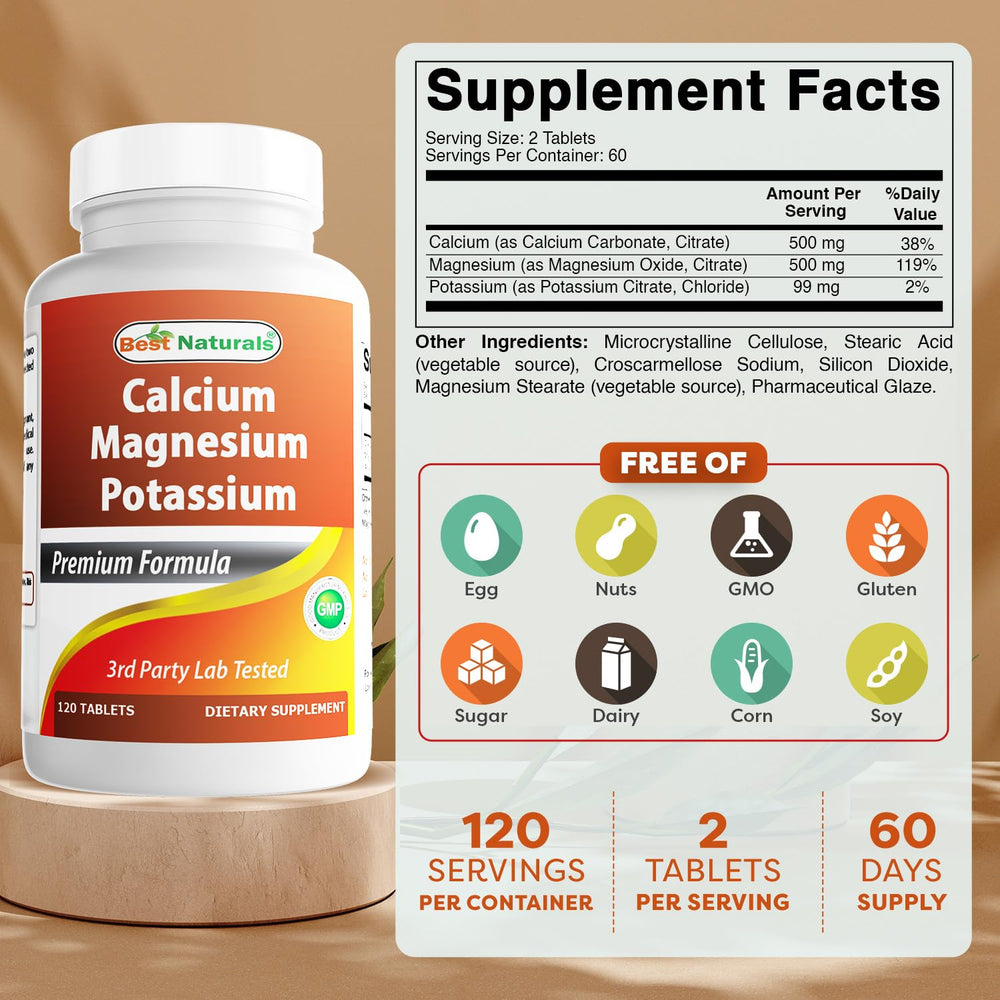 Best Naturals Calcium Magnesium Potassium bottle label highlights non-GMO gluten-free formula