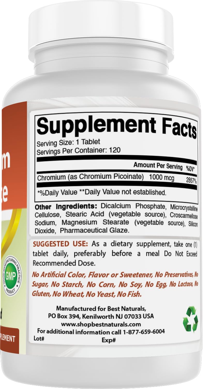 Glass bottle of Best Naturals Chromium Picolinate on a kitchen counter.