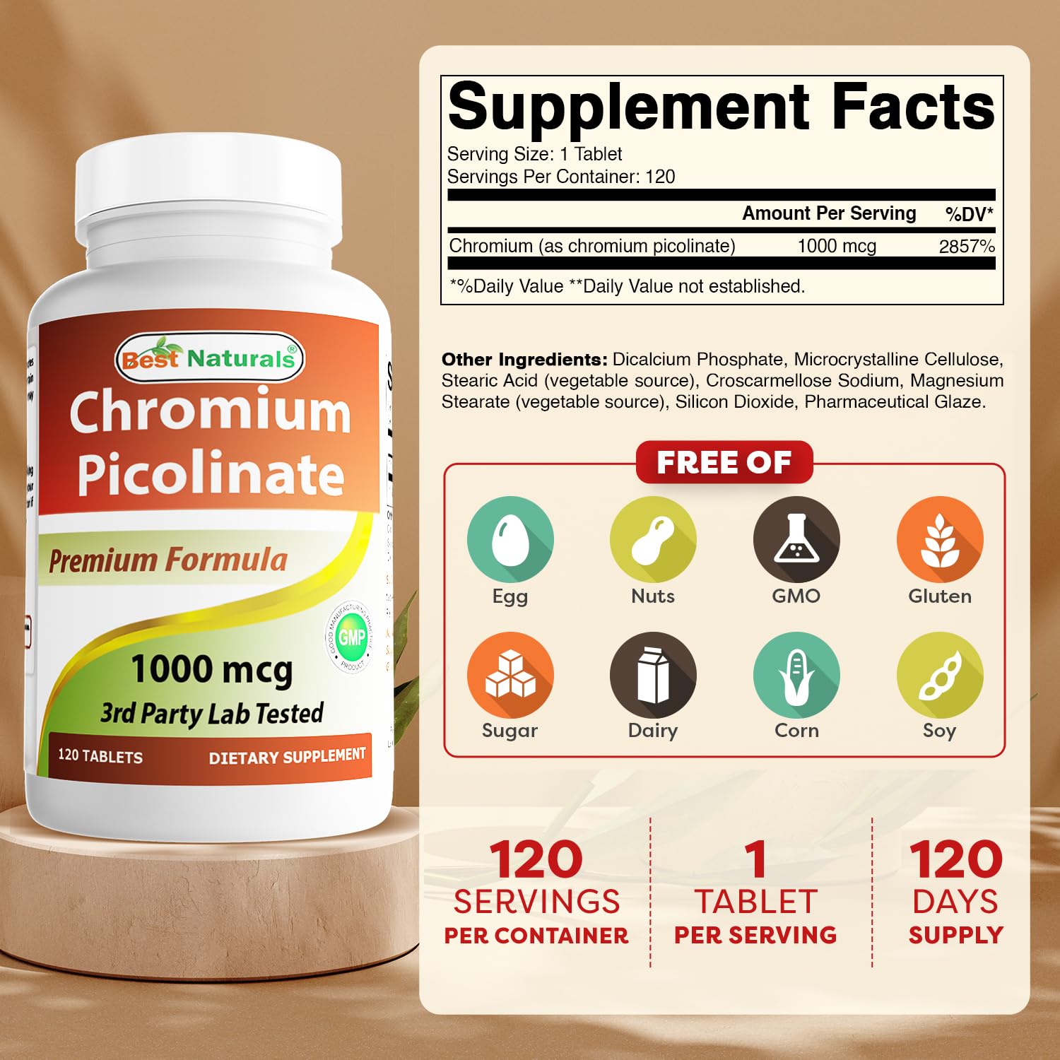 Best Naturals Chromium Picolinate packaging shows gluten-free, non-GMO formula.