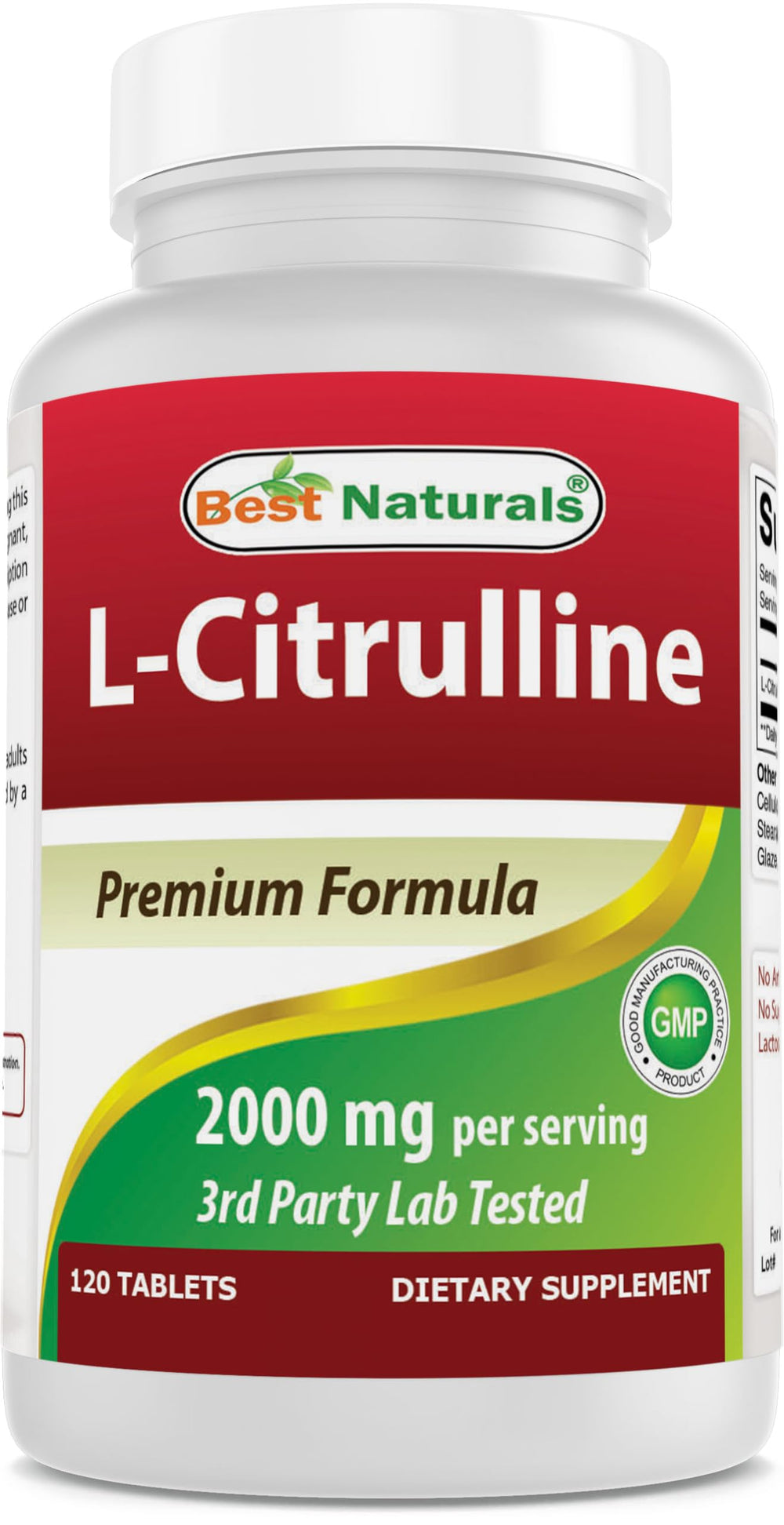 Best Naturals L-Citrulline bottle label shows 2000 mg per serving for workouts