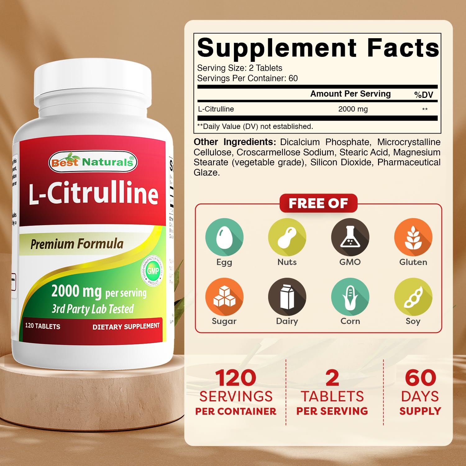 Best Naturals L-Citrulline tablets close-up emphasizes potency and dosage for workouts