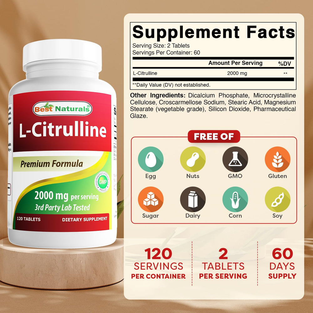 Best Naturals L-Citrulline tablets close-up emphasizes potency and dosage for workouts