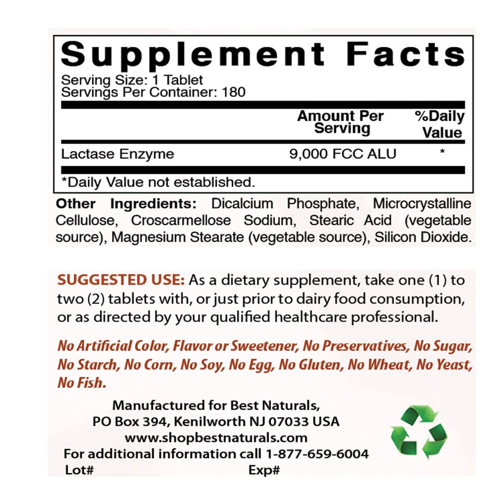 Best Naturals Lactose Intolerance Relief Tablets closeup highlights 9000 FCC ALU potency.