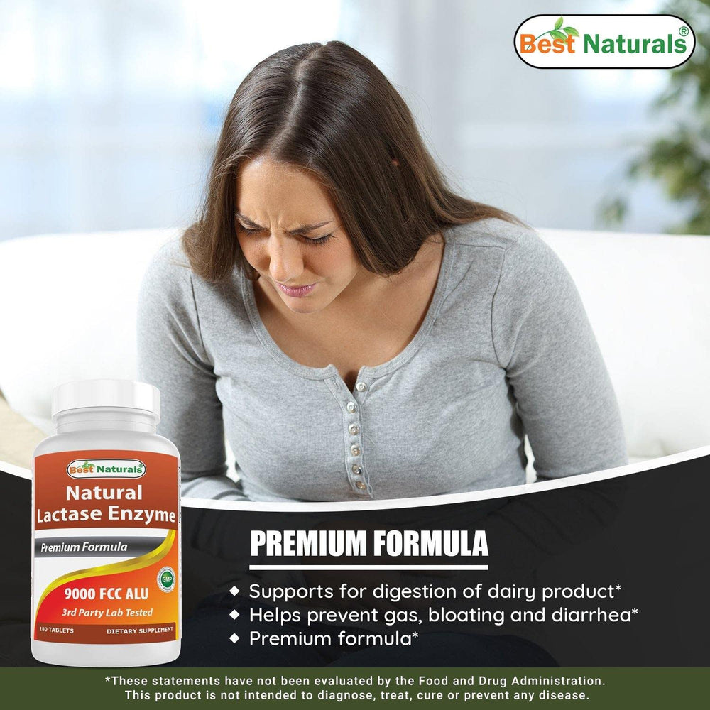 Best Naturals Lactose Intolerance Relief Tablets ingredient badge emphasizing purity.