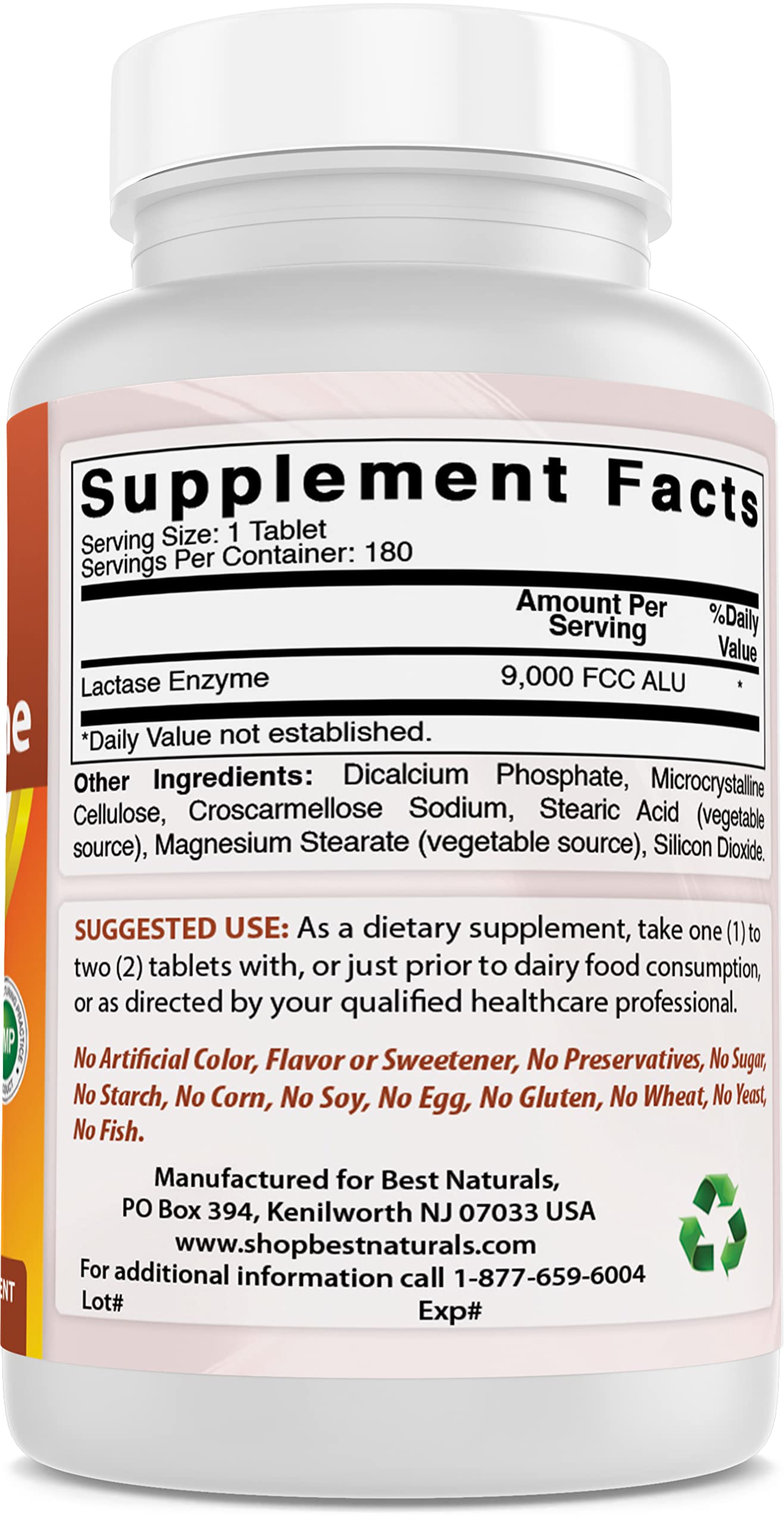 Best Naturals Lactose Intolerance Relief Tablets USA-made facility seal.