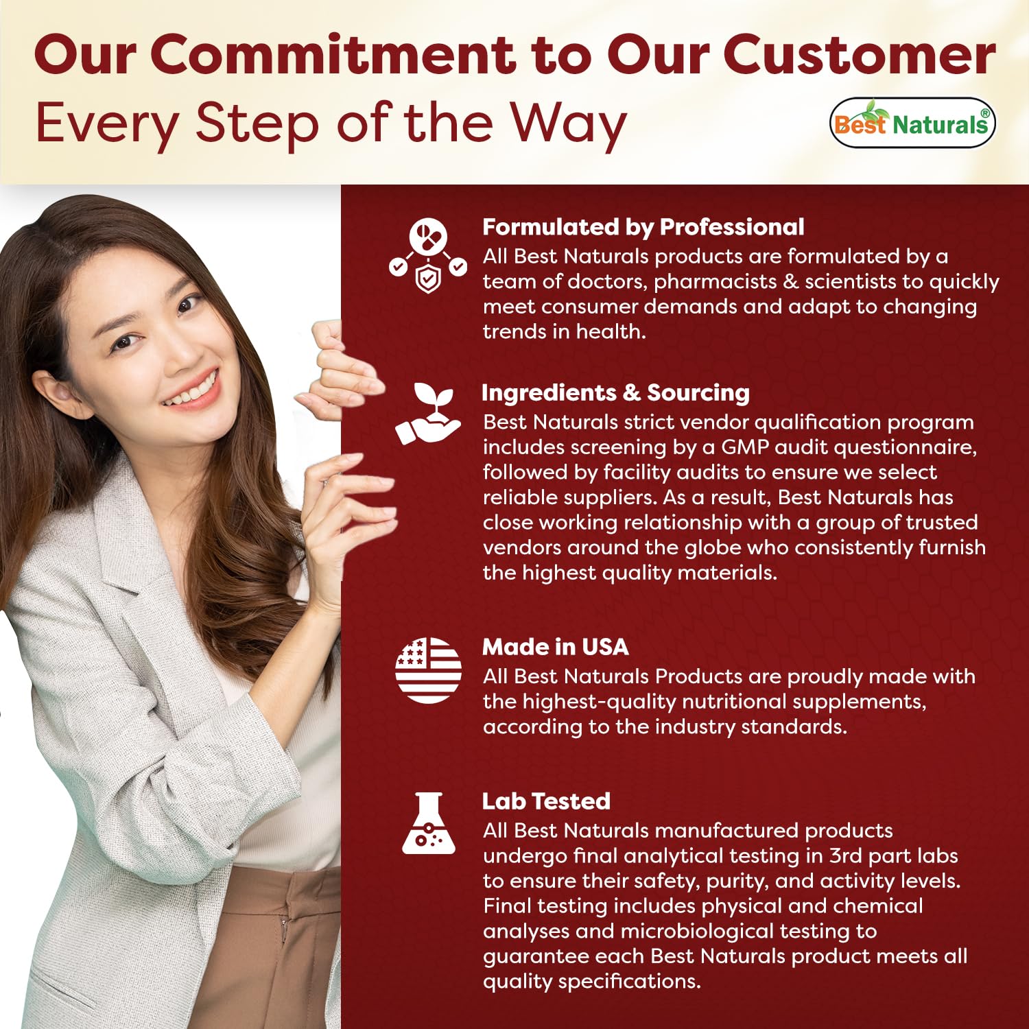 Best Naturals made-in-USA GMP facility badge signals trusted manufacturing.