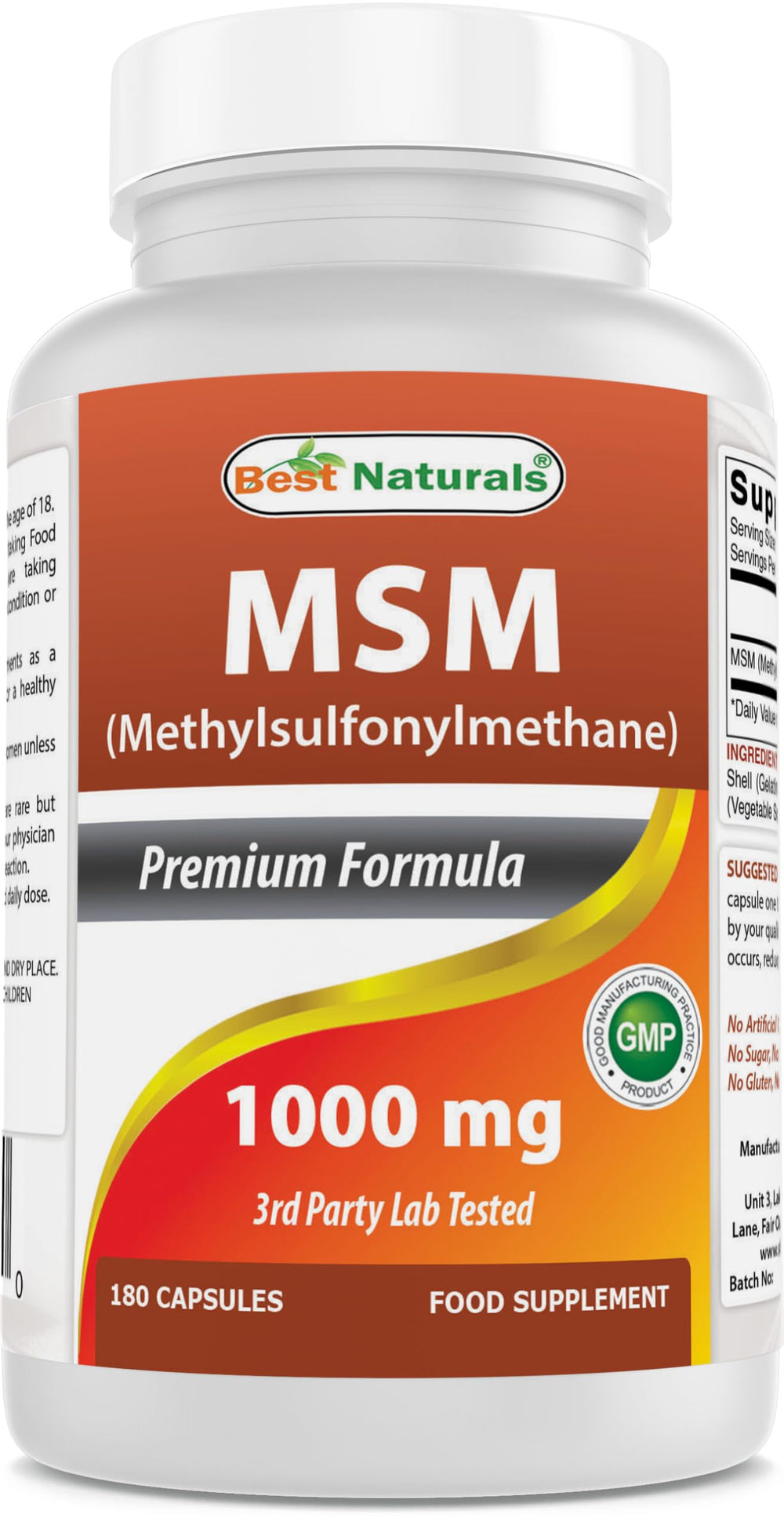Best Naturals MSM 1000 mg capsules bottle highlighting purity and third-party testing