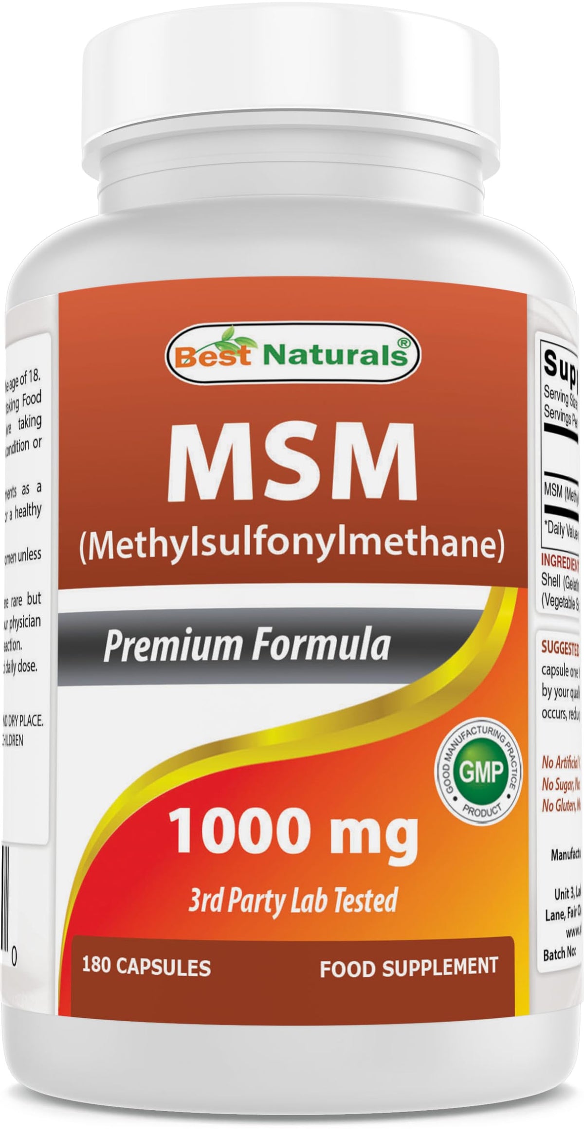 Best Naturals MSM 1000 mg capsules bottle highlighting purity and third-party testing