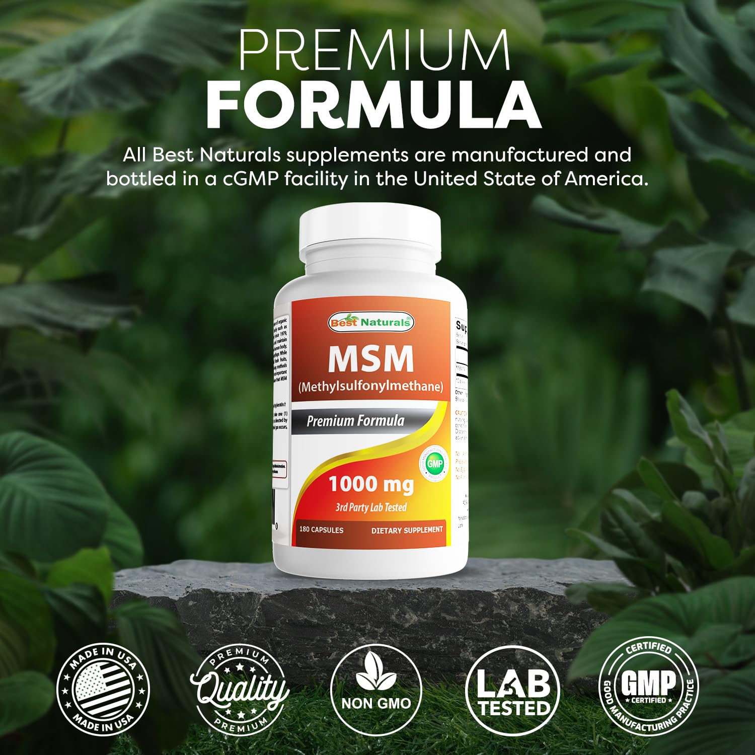 Best Naturals MSM 1000 mg capsules closeup focuses on capsule texture