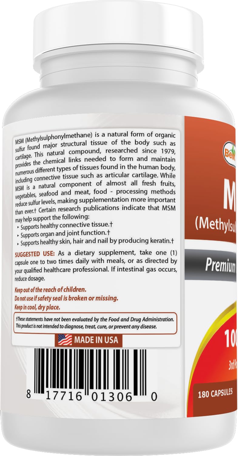 Best Naturals MSM 1000 mg capsules ingredients panel highlights allergen-free formula