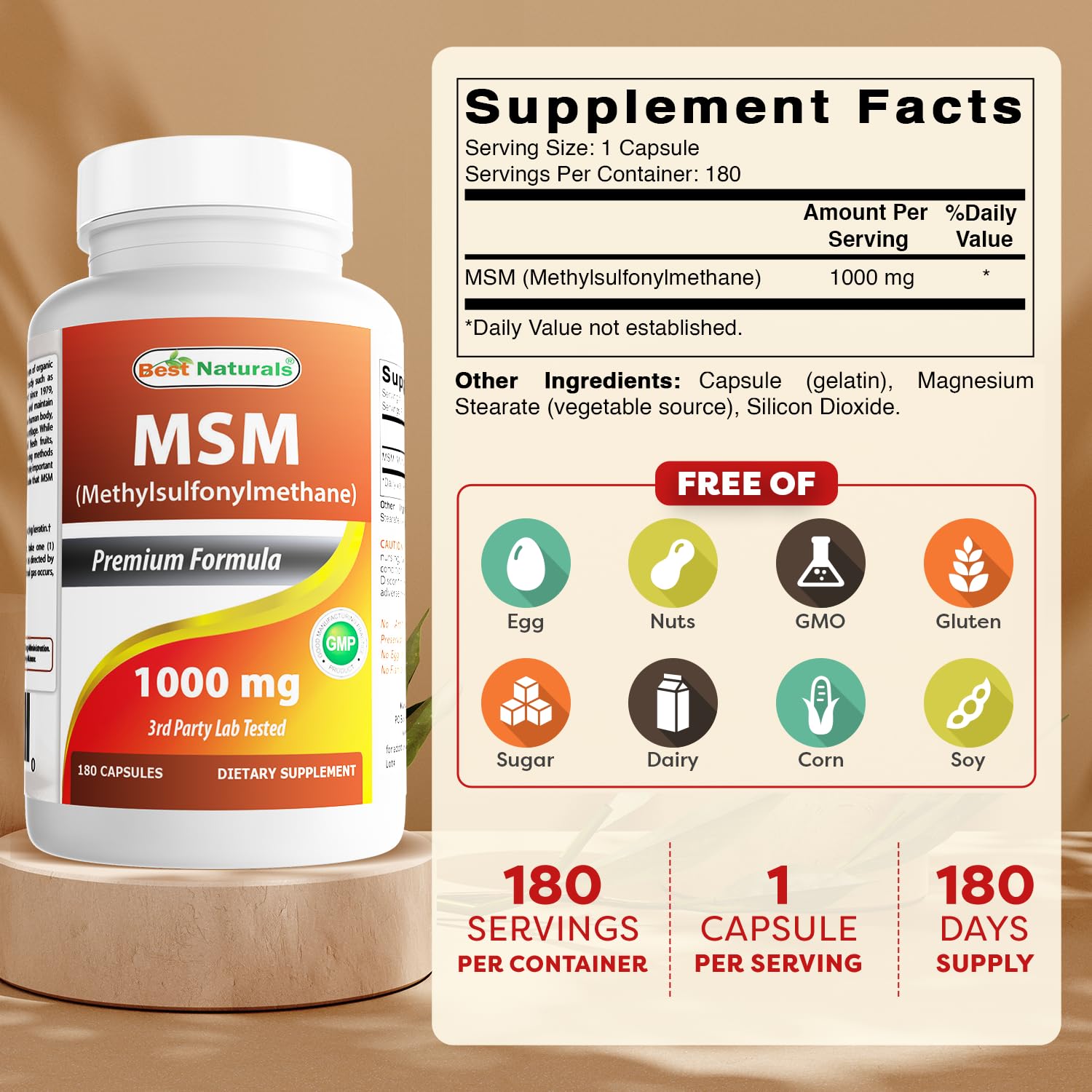 Best Naturals MSM 1000 mg capsules pour shows convenient daily dosage