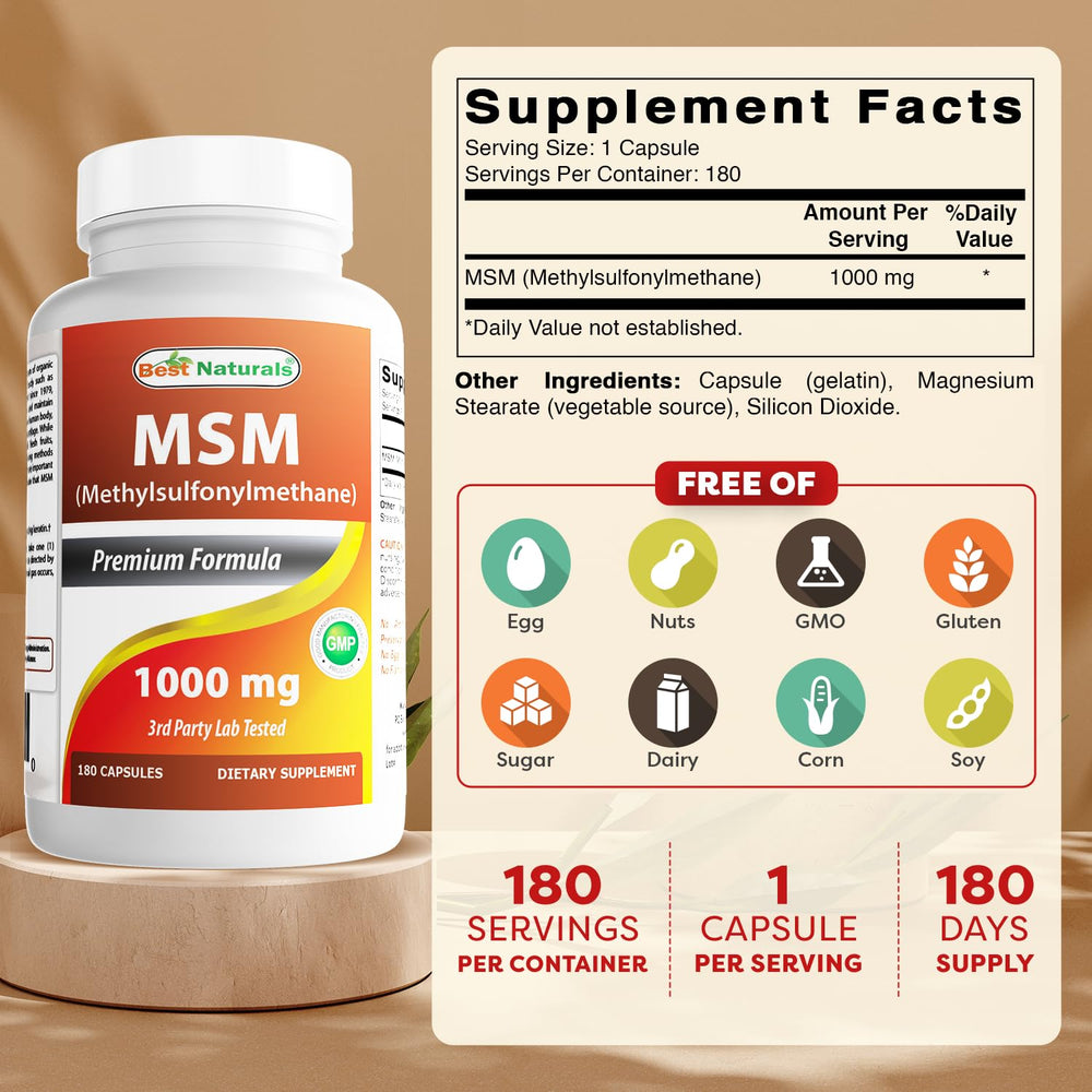 Best Naturals MSM 1000 mg capsules pour shows convenient daily dosage