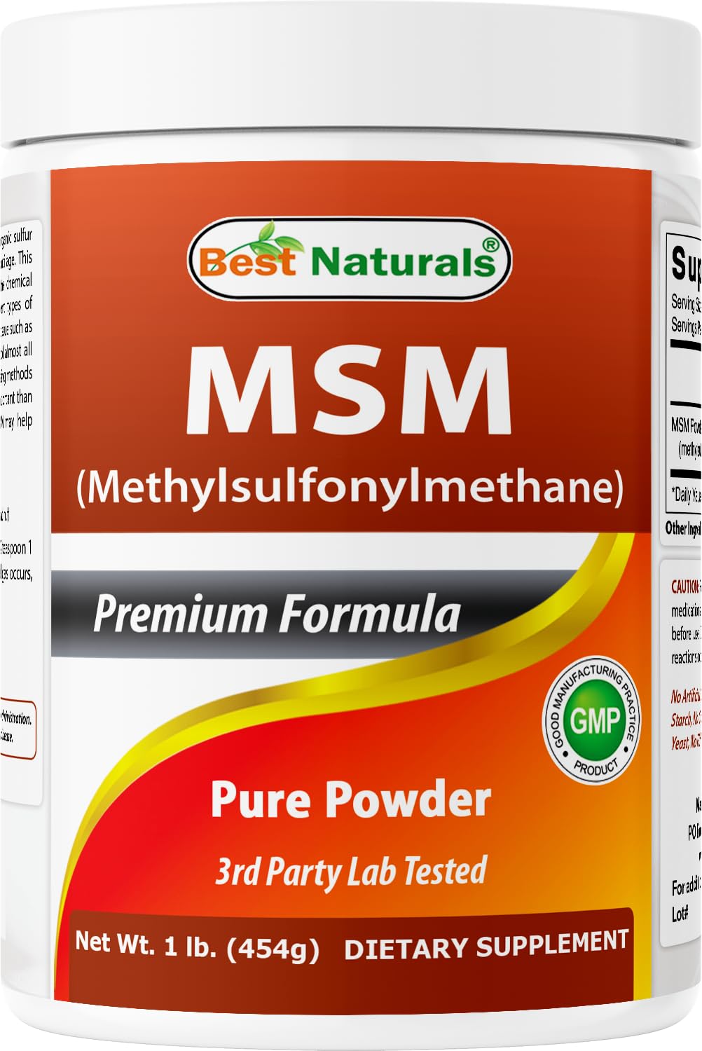 Best Naturals MSM powder bottle on shelf, signaling purity and quality.