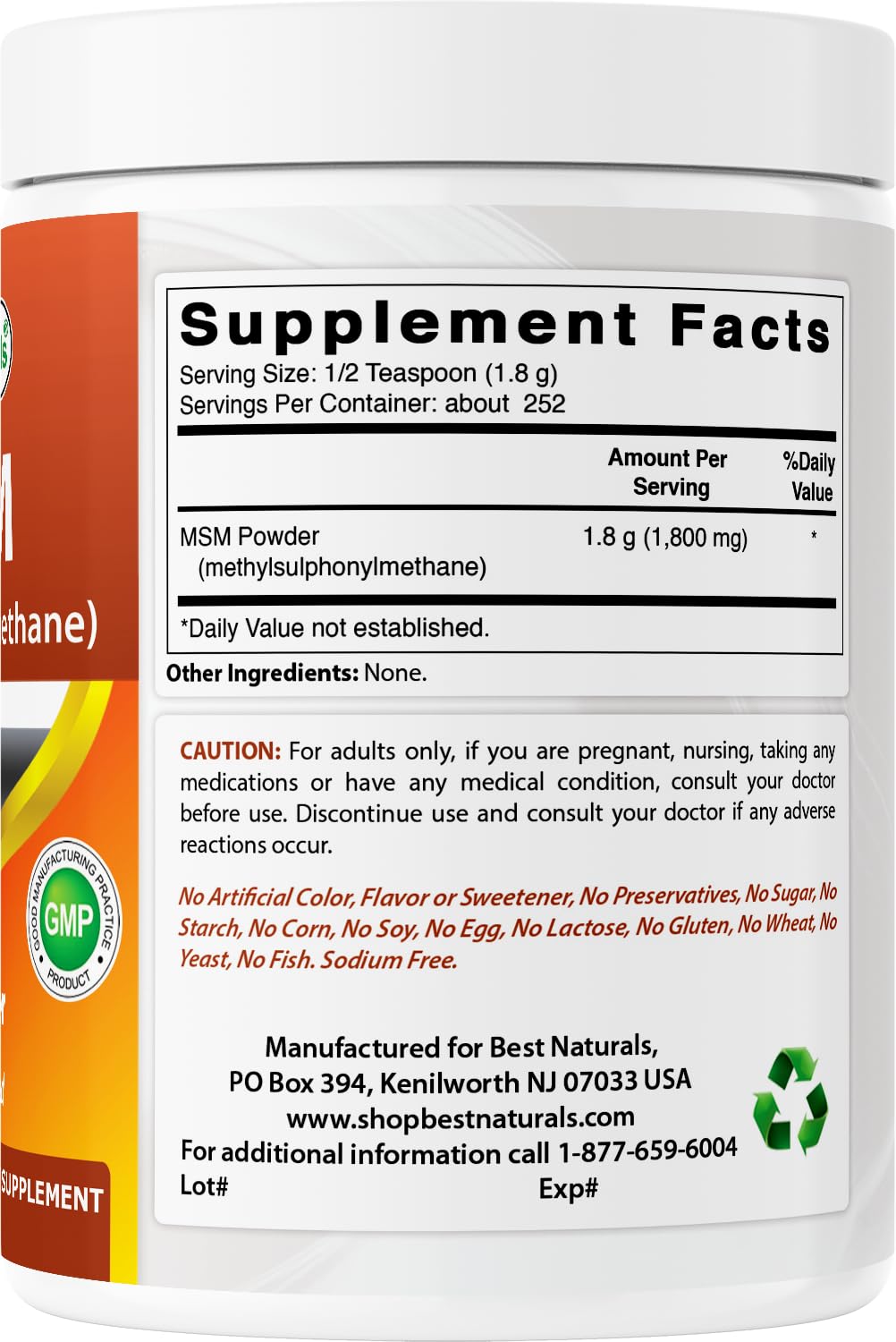 Best Naturals MSM powder in a tidy kitchen scene for everyday storage.