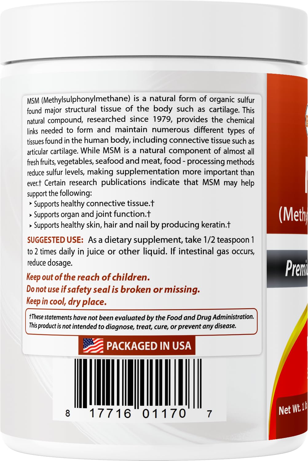 Packaged Best Naturals MSM product indicating GMP facility standards.