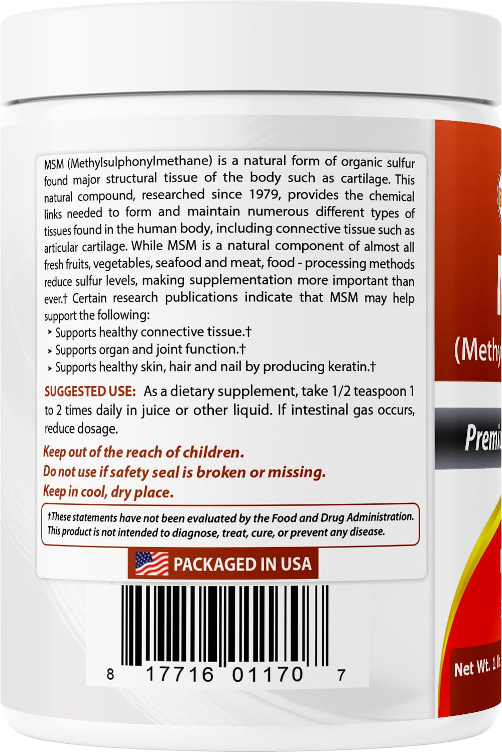 Packaged Best Naturals MSM product indicating GMP facility standards.