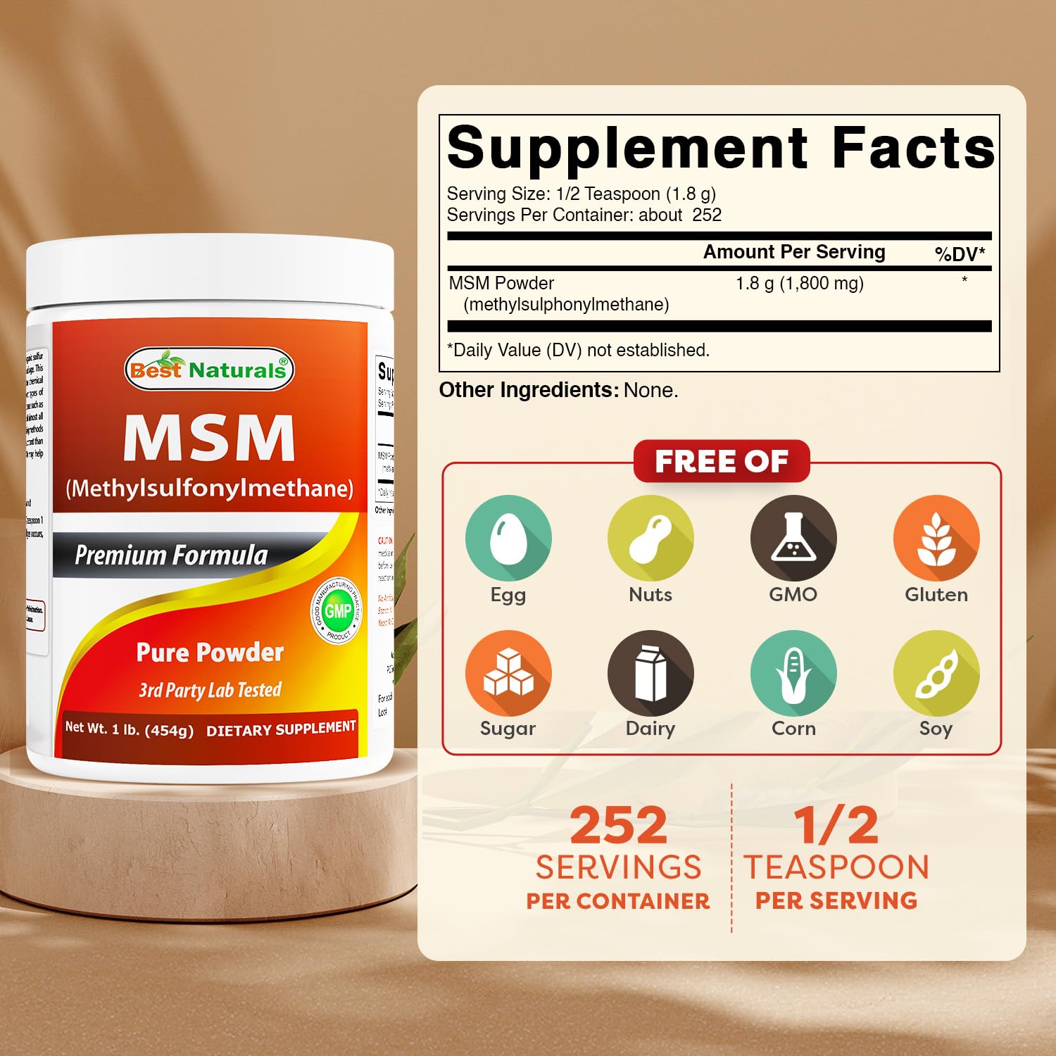 Serving scoop of Best Naturals MSM powder ready to add to beverages.