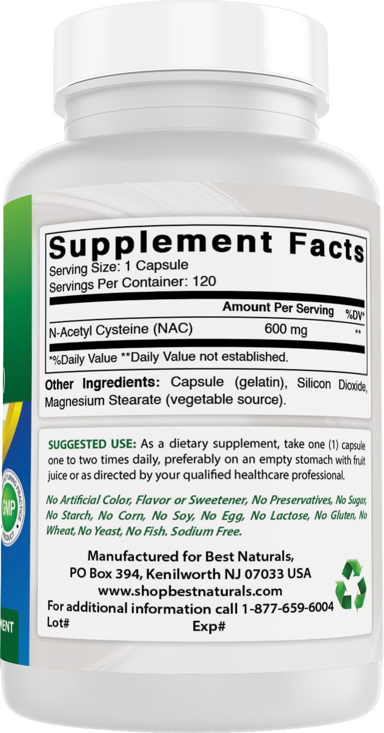 Best Naturals NAC bottle on table with water for daily taking.